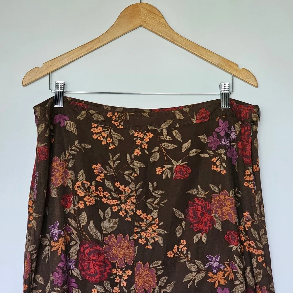 Vtg Eddie Bauer Silk Midi Skirt 16P Brown Dark Floral Earthy Fall Cottage Boho